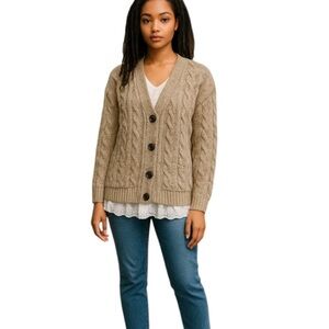 POL Tan Cable Knit Oversized Cardigan Lace Trim Hem Button Front Sweater L